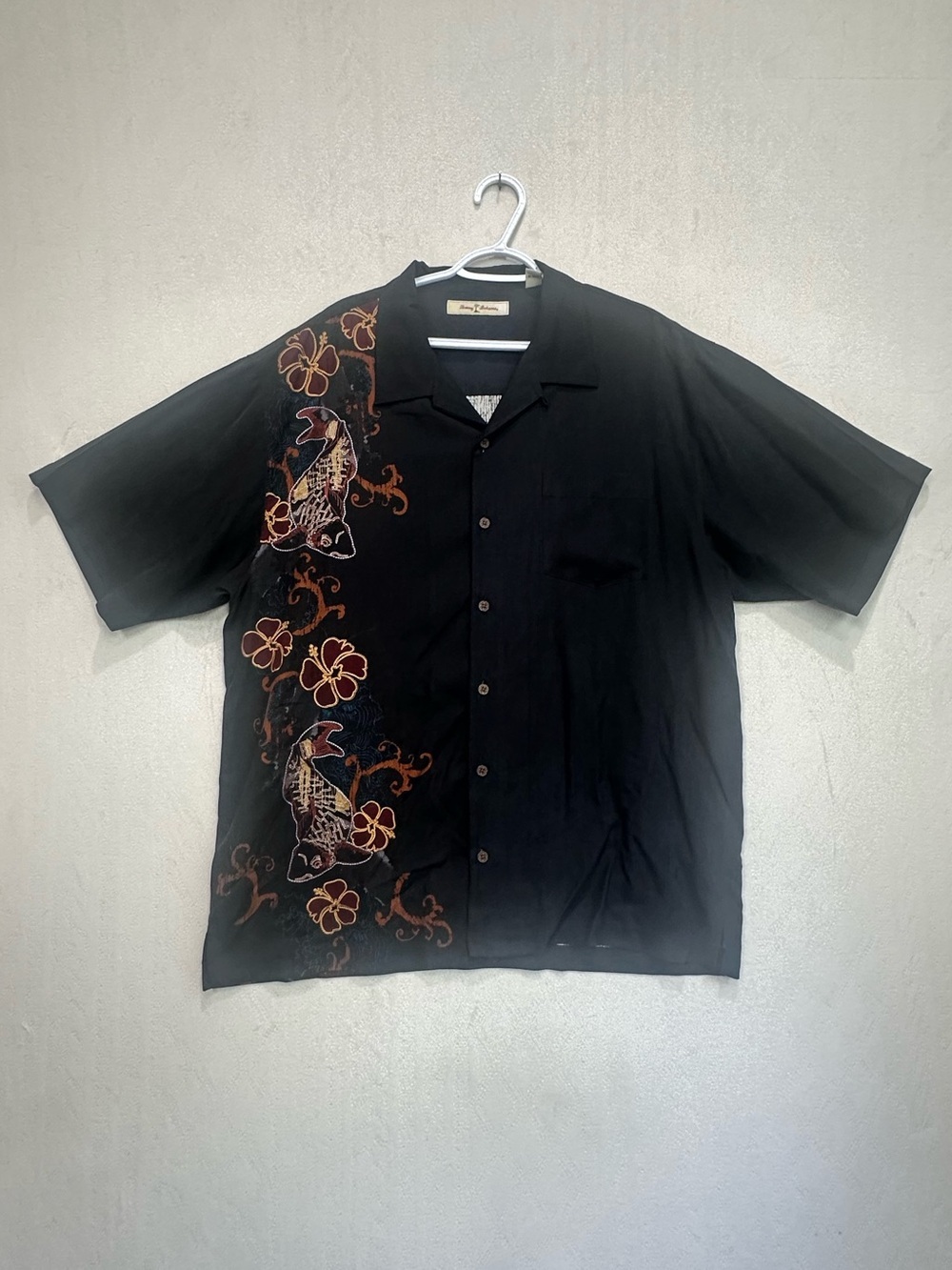Tommy Bahama Black Silk Button-Up Shirt with Koi & Floral Embroidery Sz XXL